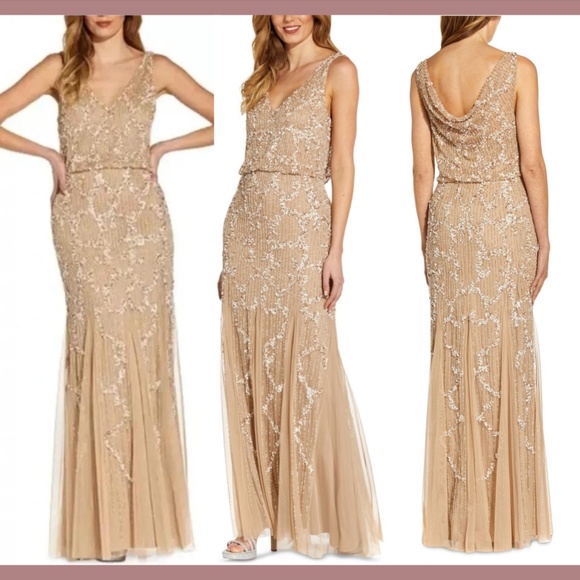 NWT $329‎ Adrianna Papell [ 14 ] Embellished Cowl-Back Gown in Champagne - Picture 1 of 14